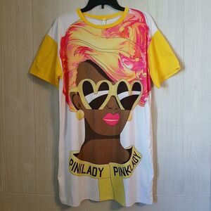 Pinklicious Pink Lady Women's Size L White T-Shirt Yellow Sleeves Heart Eyes